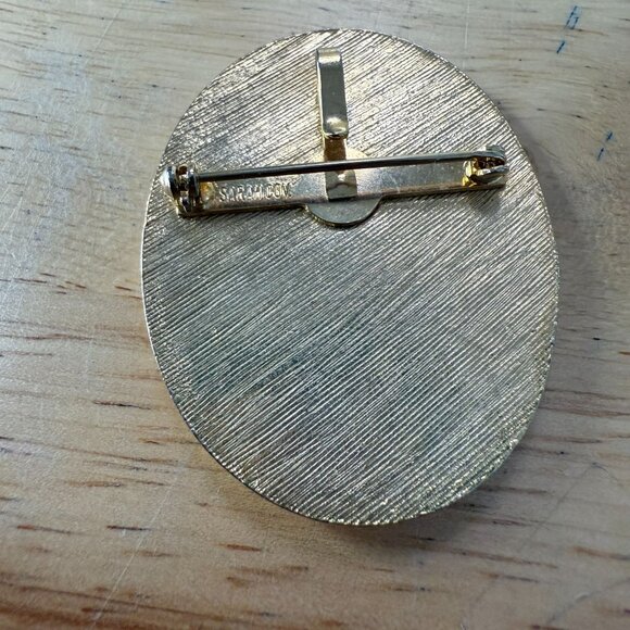 Vintage Sarah Coventry Oval Gold-Tone Brooch & Pendant With Coral Pink Marbled - Picture 7 of 10